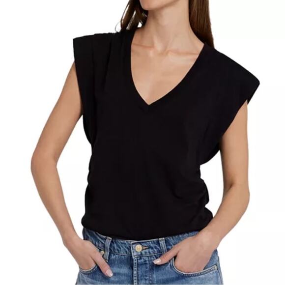 New 7 FOR ALL MANKIND Extended Shoulder V Neck Ruched Tee Women’s SIZE S Black - Picture 1 of 9